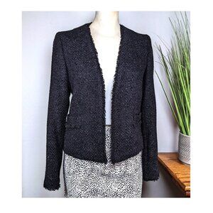 Massimo Dutti Shiny Black Fringe Trim Open Lined Womens Jacket Sz 4 NWT